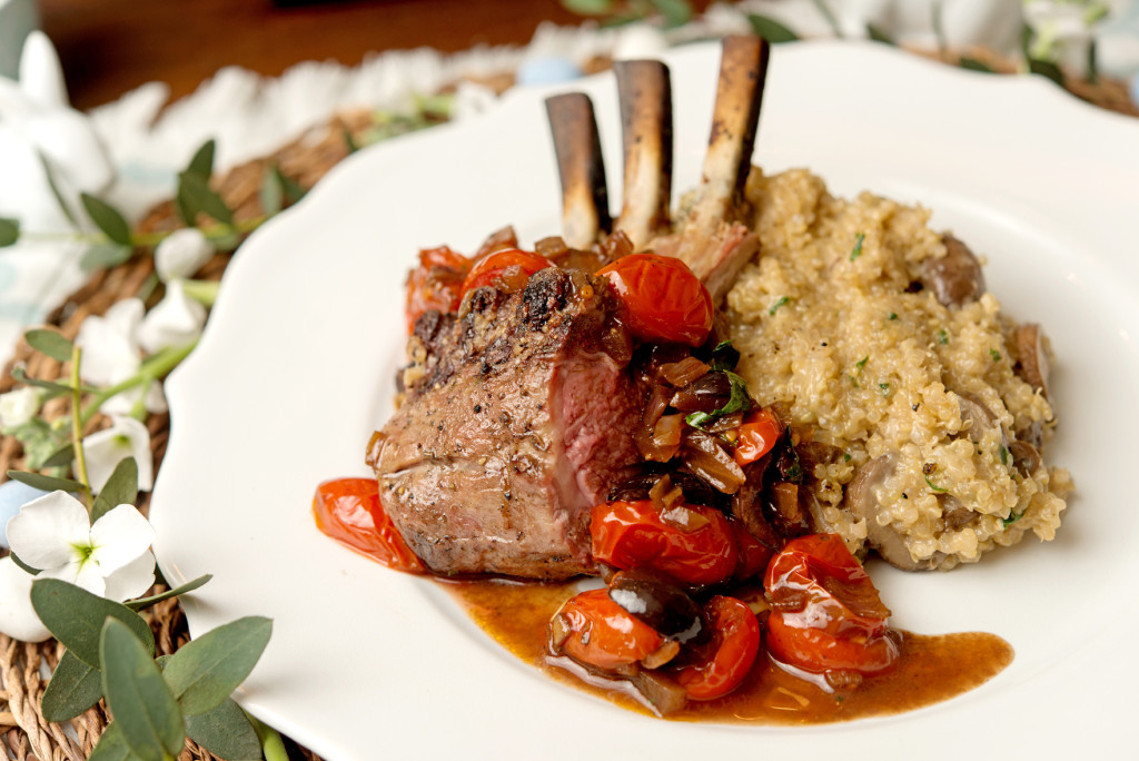 Rack of lamb with balsamic tomatoes and mushroom quinoa risotto.