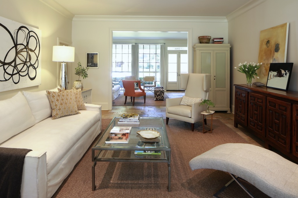 The hub of the house, this central den is home to a cushy Verellen sofa—“so comfortable,” says Rebecca—and Dyke’s favorite leather chair.