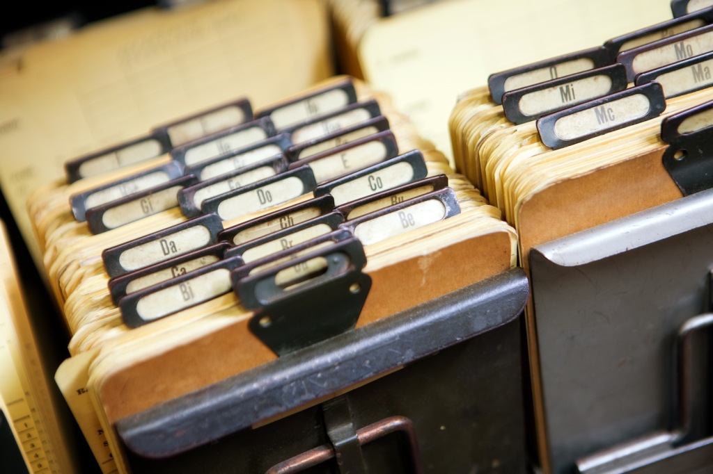 Filing cards are still used to track customer purchases at Bates  & Thigpen.