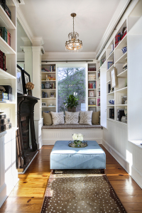 "My girls love to read, so we spend a lot of time in here," says Megan of this sun-filled library nook just off the foyer.