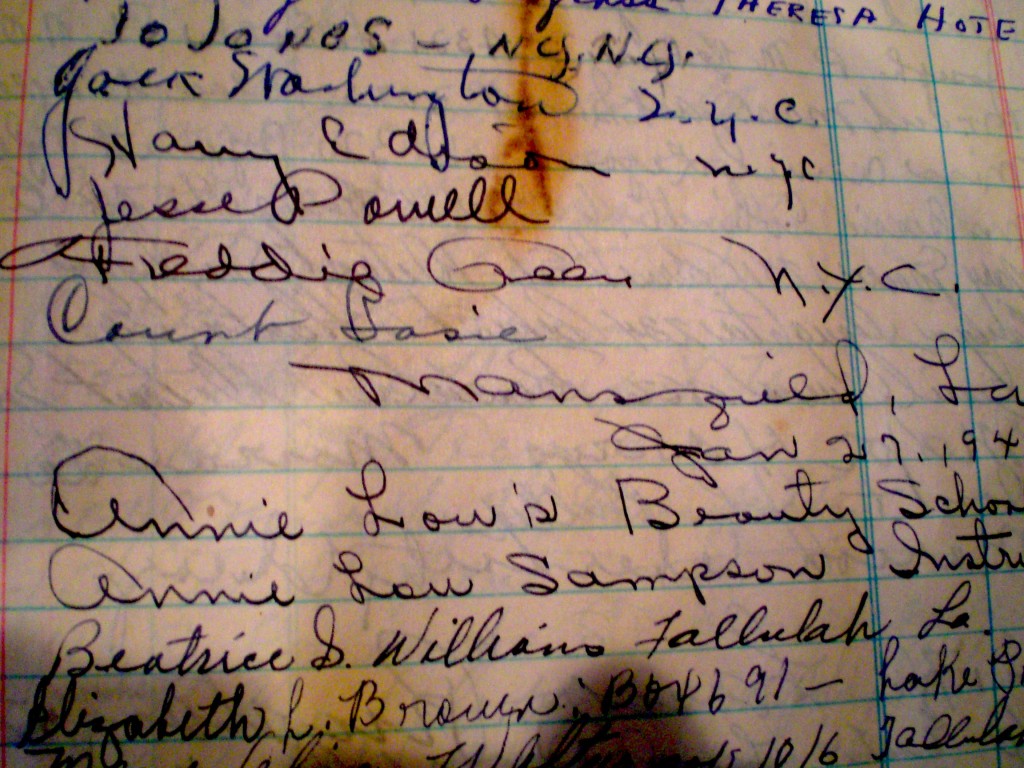 Freddie Green and Count Basie's signatures are in the ledger as well.