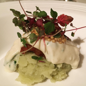 The sweet fried alligator with white rémoulade and hand-mashed mirliton the Carroll's plated at the James Beard House. Courtesy Jay Ducote