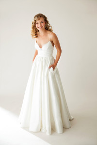 Chantilly lace bodice with draped cummerbund  and A-line skirt  Astrid & Mercedes “Lovely,”  Bustle