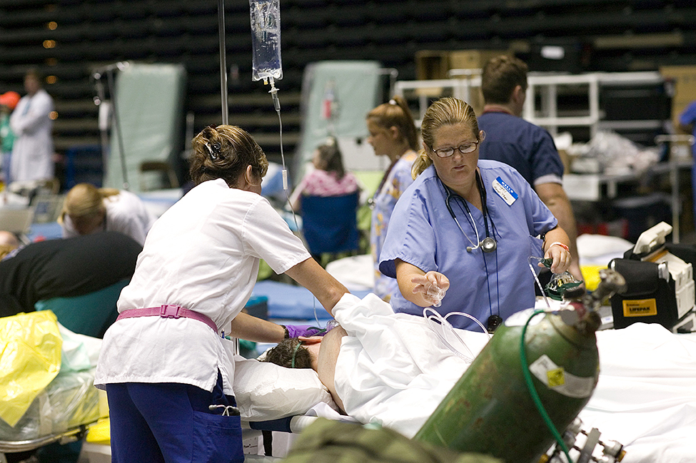 Temporary medical stations were set up for the stranded in LSU’s Pete Maravich Assembly Center. Photo by James Terry. 