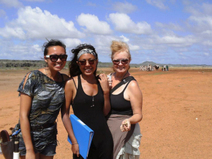 Sandra Algood-Taylor (right) with fellow costumers and stylists Renessa Keteldijk and Jessie Fell on location in Curacao while filming Tula: The Revolt.